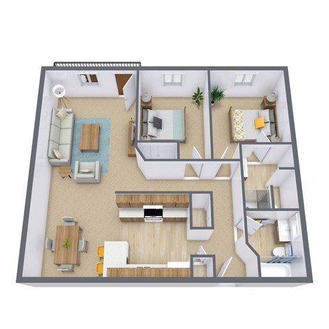 Floor plan for 2 beds, 1.8 baths, 884 sqft
